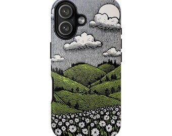 Daisy Phone Case, Linocut Meadow for iPhone, Samsung, Pixel