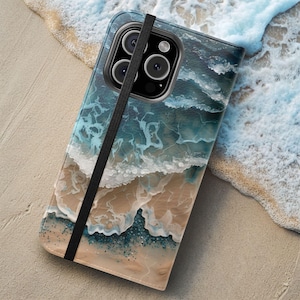 Beach Waves Geldbörse, Ocean Sandy Beach Folio Case, Faltbarer Vegan Leder Kartenhalter, iPhone 11 12 13 14 15 16 Plus Pro Max