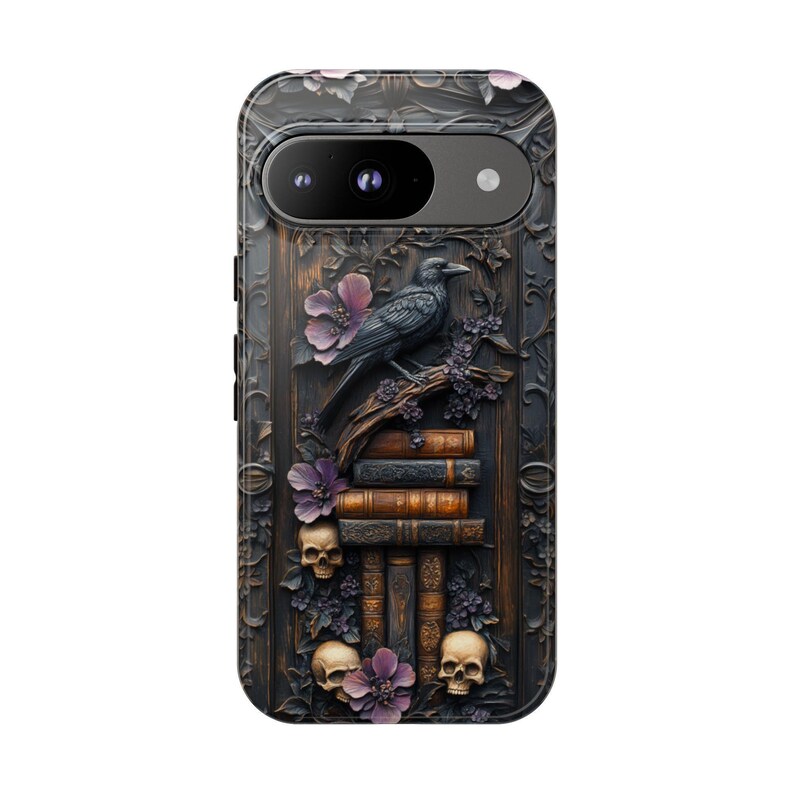 Dark Fantasy Book Phone Case, Gothic Raven Skulls Bookshelf, iPhone 14 15 16e Plus Pro Max, S23 S24 FE S25 Plus Ultra, Pixel 8 9 Pro XL afbeelding 8