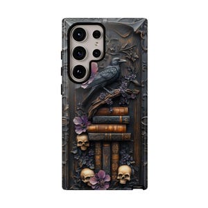 Dark Fantasy Book Phone Case, Gothic Raven Skulls Bookshelf, iPhone 14 15 16e Plus Pro Max, S23 S24 FE S25 Plus Ultra, Pixel 8 9 Pro XL afbeelding 6