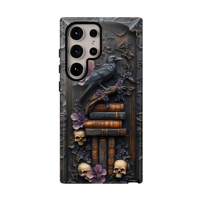 Dark Fantasy Book Phone Case, Gothic Raven Skulls Bookshelf, iPhone 14 15 16e Plus Pro Max, S23 S24 FE S25 Plus Ultra, Pixel 8 9 Pro XL afbeelding 6