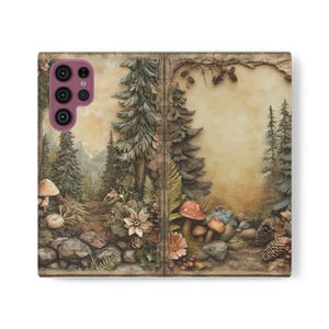 Funda tipo billetera Green Nature, funda tipo folio con diseño de bosque para exteriores, tarjetero plegable de cuero vegano, iPhone 12 13 14 15 16 Plus Pro Max, S21 S22 Ultra