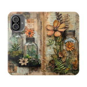 Étui portefeuille botanique, bocaux floraux à coller avec fougères moussues, porte-cartes pliant en cuir végétalien, iPhone 12 13 14 15 16 Plus Pro Max, S21 S22