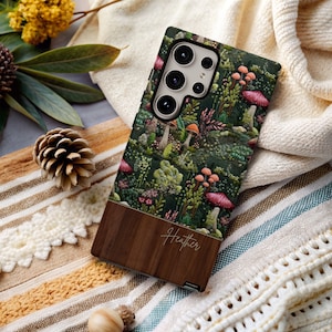 Embroidered Mushroom Effect Cottagecore Phone Case, Custom Name Phone, Toadstool Cover for iPhone 14 15 Pro, Google Pixel, Samsung S22 S23