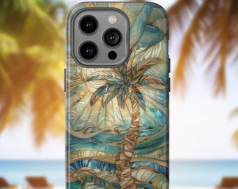 Mosaic Stained Glass Palm Tree Phone Case, Trendy Beachy Abalone, iPhone, Pixel, Samsung