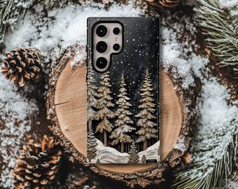 Snowy Pine Forest Phone Case: Minimalist Black and White Design