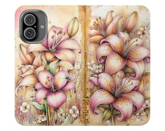 Capa de celular tipo carteira de couro vegano com estampa floral Lily: iPhone Samsung