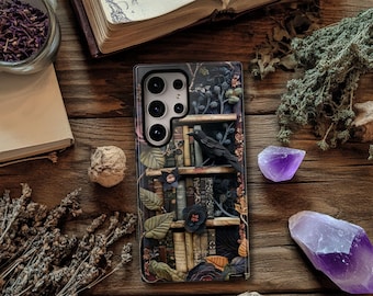 Gothic Raven Bookshelf Phone Case: Dark Academia Floral Design