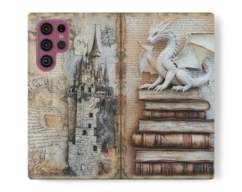 Funda de cuero vegano Dragon Castle para teléfono: regalo para amantes de los libros de fantasía