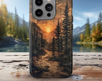 Pine Tree Forest Sunset Faux Wood Phone Case
