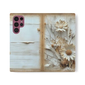 Funda tipo billetera con diseño floral blanco boho, funda tipo folio de madera vintage shabby chic, tarjetero plegable de cuero vegano, iPhone 11 12 13 14 15 16 Plus Pro Max