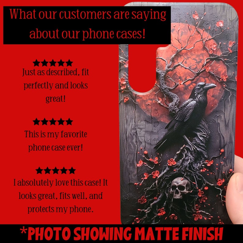 Goth Fantasy Raven Phone Case, Dark Academia Gothic Red and Black, Full Moon Skull Blossom, Faux Resin and Wood, iPhone, Samsung, Pixel image 5