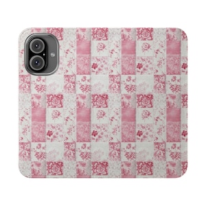 Funda tipo billetera con diseño de patchwork de encaje floral rosa, tarjetero plegable de cuero vegano, iPhone 12 13 14 15 16 Plus Pro Max, S21 S22