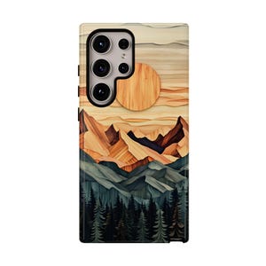 Faux Wood Phone Case, Cut Out Pine Tree Forest, Nature Outdoor Landscape, iPhone 15 16e Pro Max, Samsung S24 FE S25 Plus Ultra, Pixel 7 8 9
