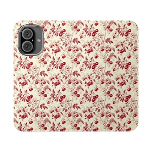 Funda tipo billetera Cherry Toile, funda tipo folio con cerezas de frutos rojos vintage, tarjetero plegable de piel vegana, iPhone 12 13 14 15 16 Plus Pro Max