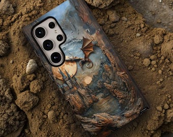 Fantasy Dragon Castle Phone Case, Faux Resin and Wood, Gift for Dragon Lover