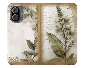 Capa tipo carteira botânica para celular, capa tipo fólio com folhagens vintage, porta-cartões dobrável em couro vegano, iPhone 11, 12, 13, 14, 15, 16 Plus Pro Max