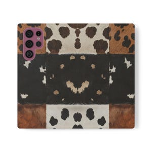 Étui portefeuille à imprimé vache, étui folio en cuir brut animal, porte-cartes Western pliable en cuir végétalien, iPhone 12 13 14 15 16 Plus Pro Max, S21 S22