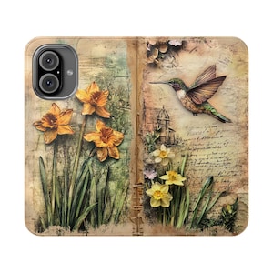 Capa tipo carteira floral Hummingbird, capa tipo carteira com estampa de flor de março de narciso, porta-cartões dobrável de couro vegano, iPhone 12 13 14 15 16 Plus Pro Max, S21 S22