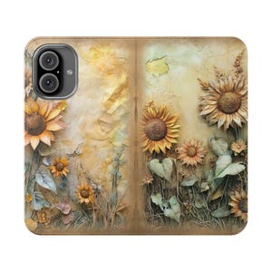 Custodia a portafoglio per iPhone 16, custodia a conchiglia per telefono con motivo girasole, porta carte pieghevole in pelle vegana, iPhone 12 13 14 15 16 Plus Pro Max, S21 S22 Ultra