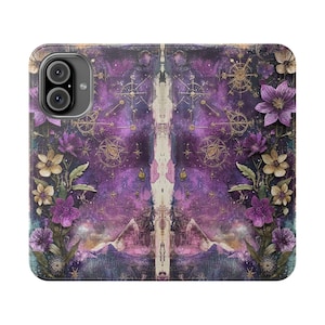 Funda tipo billetera con diseño floral celestial morado, funda tipo folio galáctico, tarjetero plegable de piel vegana, iPhone 12 13 14 15 16 Plus Pro Max, Samsung S21 S22