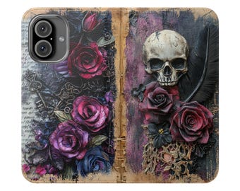 Floral Skull Vegan Leather Wallet Phone Case: Gothic Romance
