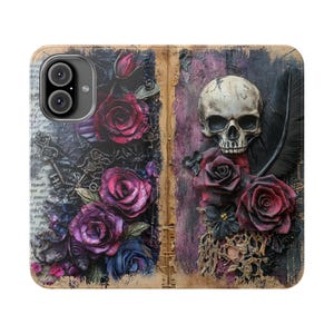 Capa carteira Gothic Dark Romance, capa de celular com caveiras florais, porta-cartões dobrável de couro vegano, iPhone 11 12 13 14 15 16 Plus Pro Max
