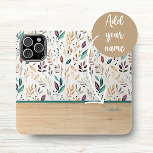 Personalisierte Brieftasche mit Aquarell Blumen individueler Folio, Faltbarer Kartenhalter aus veganem Leder, iPhone 16+ Pro Max, S21 S22