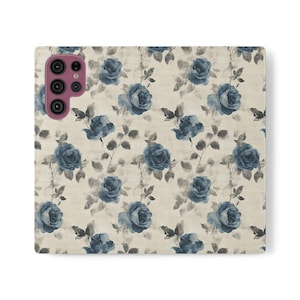 Blaue Rose Floral Brieftasche Handyhülle, iPhone 12 13 14 15 16 Plus Pro Max, Vintage Canvas Foliotasche Kartenhalter, Faltbare Vegan Leder Kartenhalter