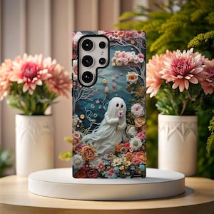 Pastel Floral Ghost Phone Case: Faux Embroidery Effect