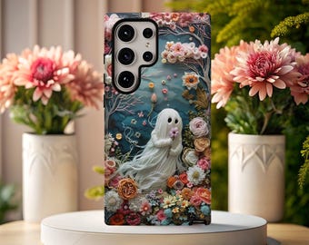 Pastel Floral Ghost Phone Case: Faux Embroidery Effect