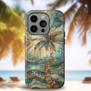 Mosaic Stained Glass Palm Tree Phone Case, Trendy Beachy Abalone, iPhone, Pixel, Samsung