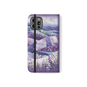 Lavendel Felder Portemonnaie, iPhone X Hülle mit Blumen Landschaft, Faltbarer Kartenhalter aus veganem Leder, iPhone 11 12 13 14 15 16 Plus Pro Max