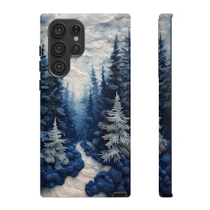 Snowy Pine Tree Forest Phone Case, Seasonal Nature Winter Trees, Faux Embroidery Felt, Gift for Outdoor Lover, iPhone 16, Samsung, Pixel 9