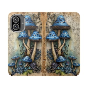 Blauer Pilz Kartenhalter, Vintage Botanischer Folio Flip, Kartenhalter aus veganem Leder, iPhone 12 13 14 15 16 Plus Pro Max, S21 S22