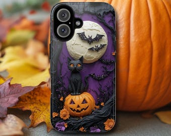 Halloween Phone Case, Spooky Black Cat, Pumpkin and Bats