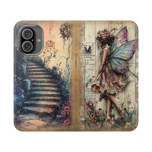 Capa de telefone tipo carteira de fada, capa mágica de fantasia Shabby Chic, porta-cartões dobrável de couro vegano, iPhone 12 13 14 15 16 Plus Pro Max, S21 S22