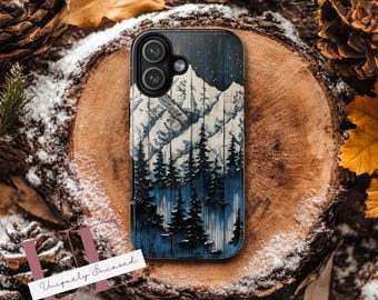 Snowy Mountain Landscape Phone Case, Faux Wood Panel Design