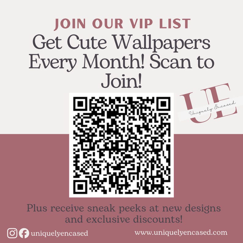 The image is a promotional poster for a VIP list, featuring a QR code and text inviting people to join the VIP list and get cute wallpapers every month. The poster also mentions exclusive discounts and encourages people to share the image on social media.