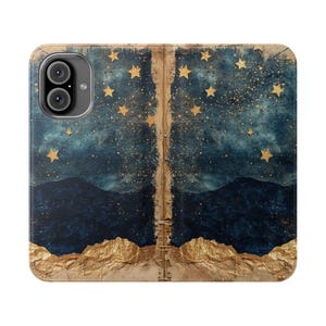 Himmlische Brieftasche Handyhülle, Starry Mountain Landschaft Folio, Faltbarer Vegan Leder Kartenhalter, iPhone 12 13 14 15 16 Plus Pro Max, S21 S22