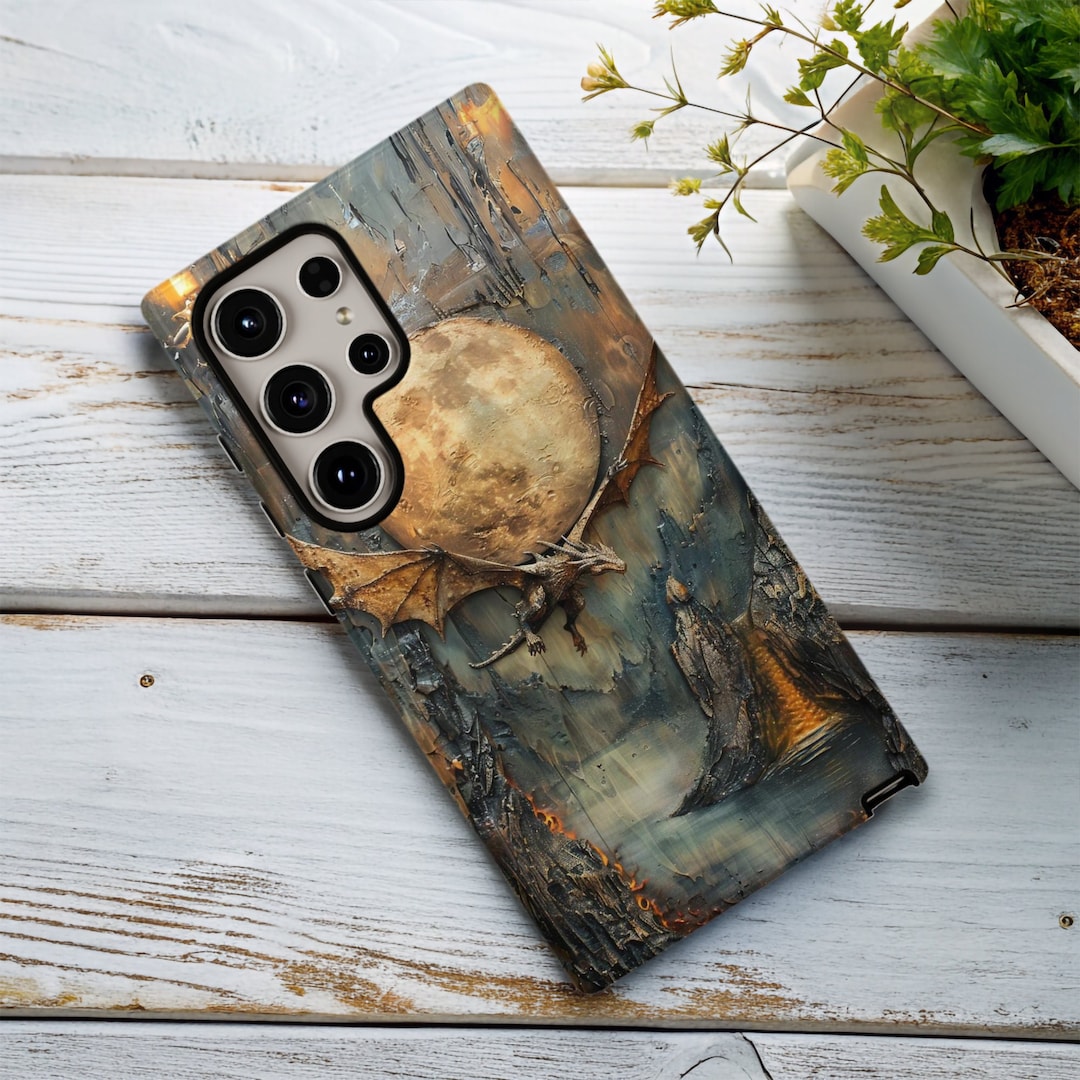 Dragon Phone Case, Faux Wood and Resin Fantasy Landscape, iPhone 14 15