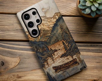 Pine Tree Forest Wood Phone Case: Nature Lake Canoe Design