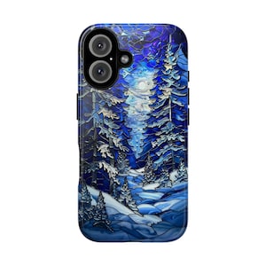 Snowy Winter Landscape Phone Case, Blue Mosaic Faux Stained Glass Pine Tree Forest, iPhone 16 Plus Pro Max, Pixel 9 Pro XL, S24 Plus Ultra