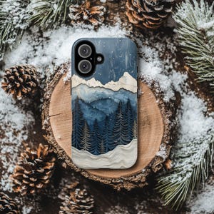 Winter Pine Tree Phone Case: Snowy Mountain Wood Grain Design