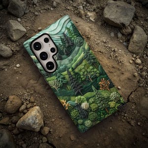 Faux Embroidery Felt Pine Trees Forest Phone Case, Green Nature Landscape, iPhone, Samsung, Pixel