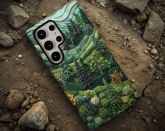 Faux Embroidery Felt Pine Trees Forest Phone Case, Green Nature Landscape, iPhone, Samsung, Pixel