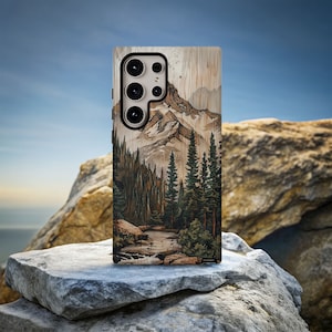 Faux Wood Cutout Mountain Landscape Phone Case, Nature Outdoor Lover, Gift for Dad, Minimalist Pine Tree Forest Cover, iPhone Samsung Pixel