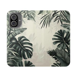 Étui pour téléphone portefeuille vert, feuille de monstera feuillage tropical, porte-cartes pliable en cuir végétalien, iPhone 13 14 15 16 Plus Pro Max, S21 S22