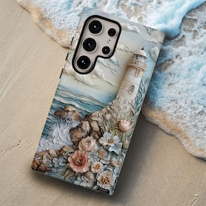 Coastal Lighthouse Floral Phone Case: Beachy Ocean Waves