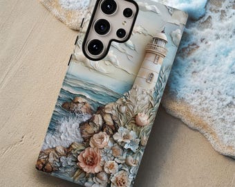 Coastal Lighthouse Floral Phone Case: Beachy Ocean Waves